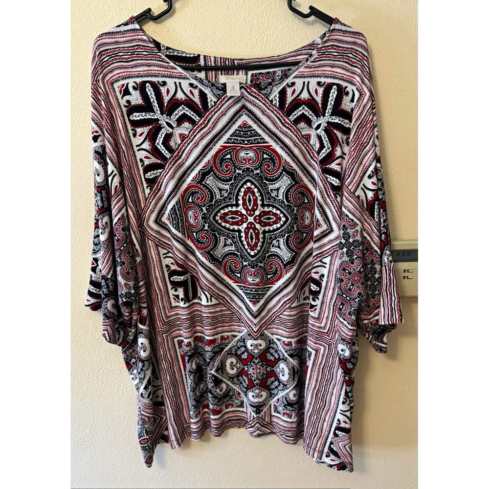 Chico's Size 4 2X Red Black White Paisley Geometric Print Short Sleeve Top